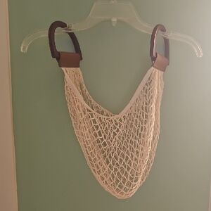 Vintage Cream Mesh Tote Bag With Wood Handles